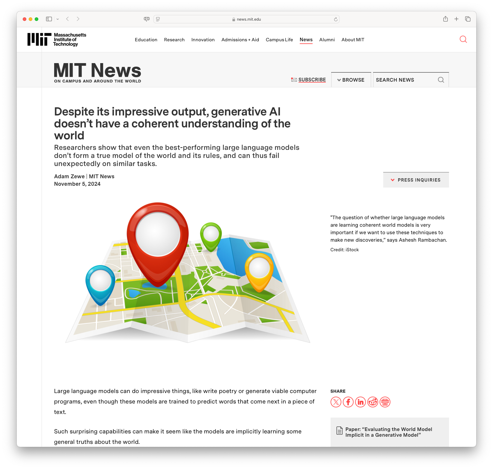 Despite Its Impressive Output, Generative AI Doesn’t Have a Coherent Understanding of the World