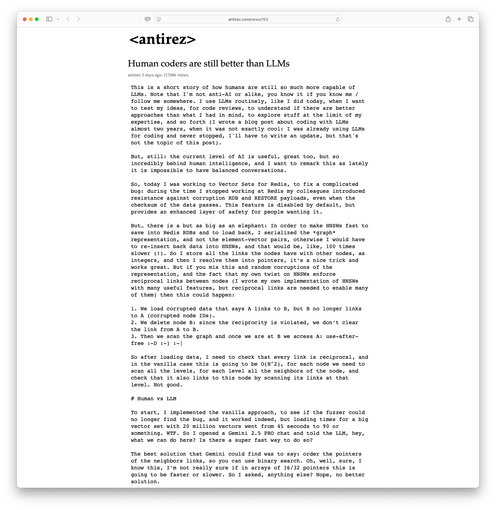 Human Coders vs LLMs: A Redis Developer's Perspective