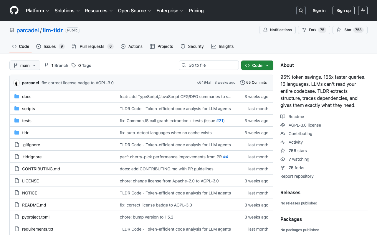 parcadei/llm-tldr: 95% token savings, 155x faster queries for LLM codebase analysis